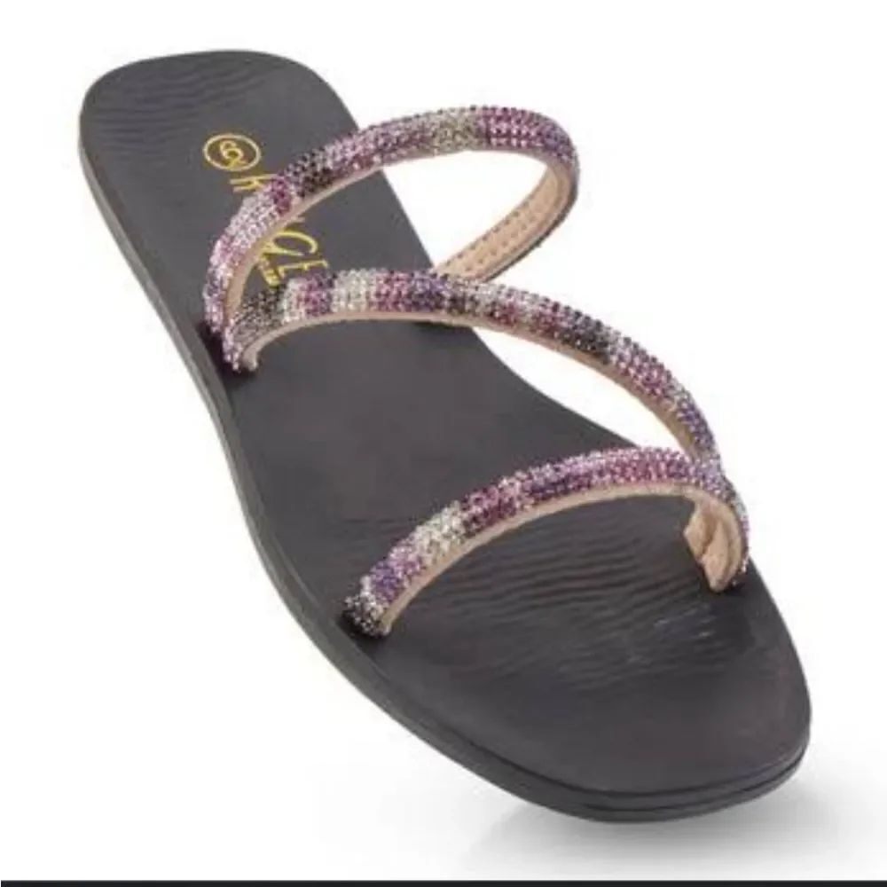 BRAND NEW ROUGE HELUIM ASYMMETRICAL STRAP RHINESTONES WOMEN"S SQUARE TOE SANDAL